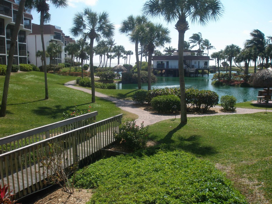 View from our screened lanai as expected after construction - the pool pavilion will be different than the club house shown.