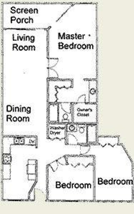 Floor plan showing layout of three bedrooms in C33 condo.
