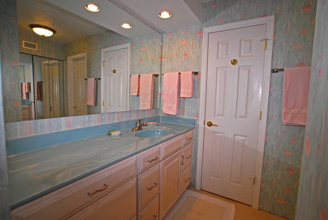 Extra counter space on vanity in Master dressing room, with adjoining room for shower & toilet.