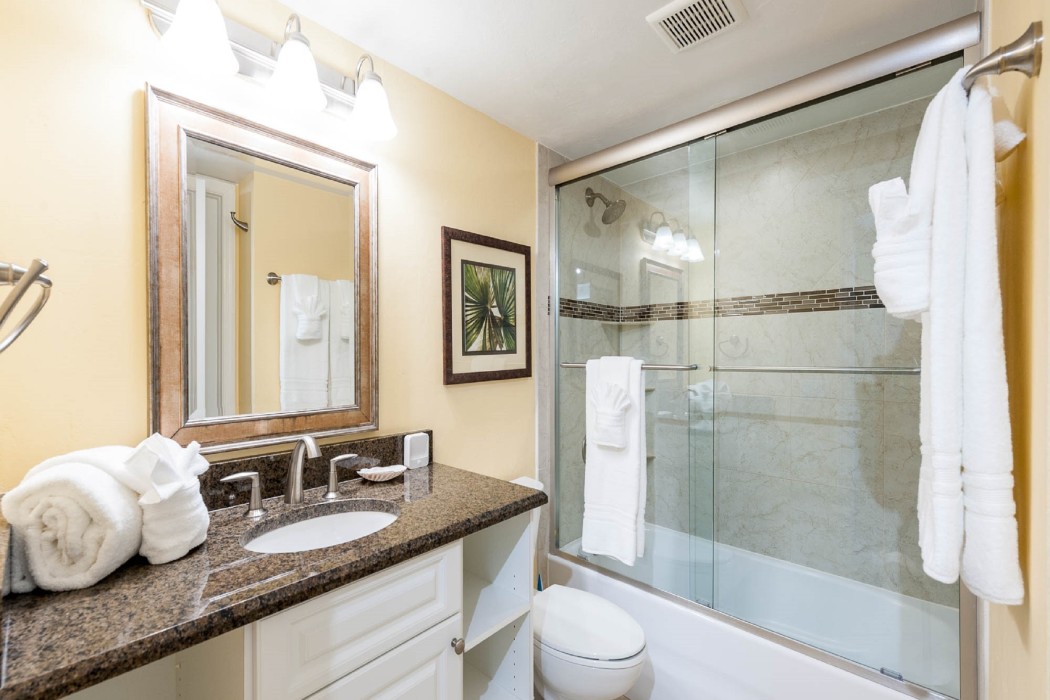 The guest bath has plenty of vanity counter space and fully tiled tub/shower.
