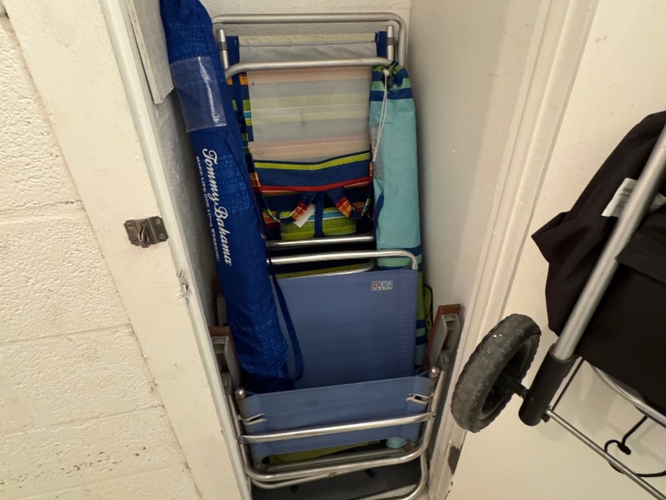 Lots of beach chairs and umbrellas, and a handy cart for trips to the beach or a farmers' market