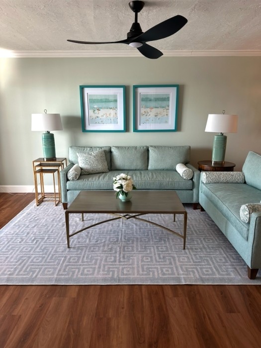 Custom high end furnishings in the spacious living room.  55" LG smart TV