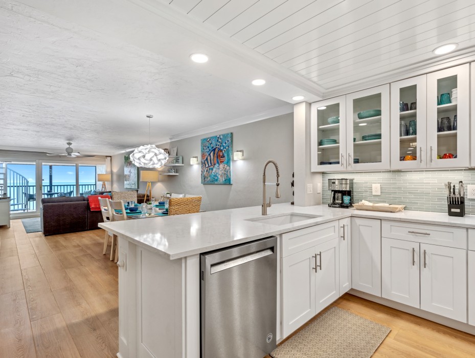 View of beach from open kitchen to dining room