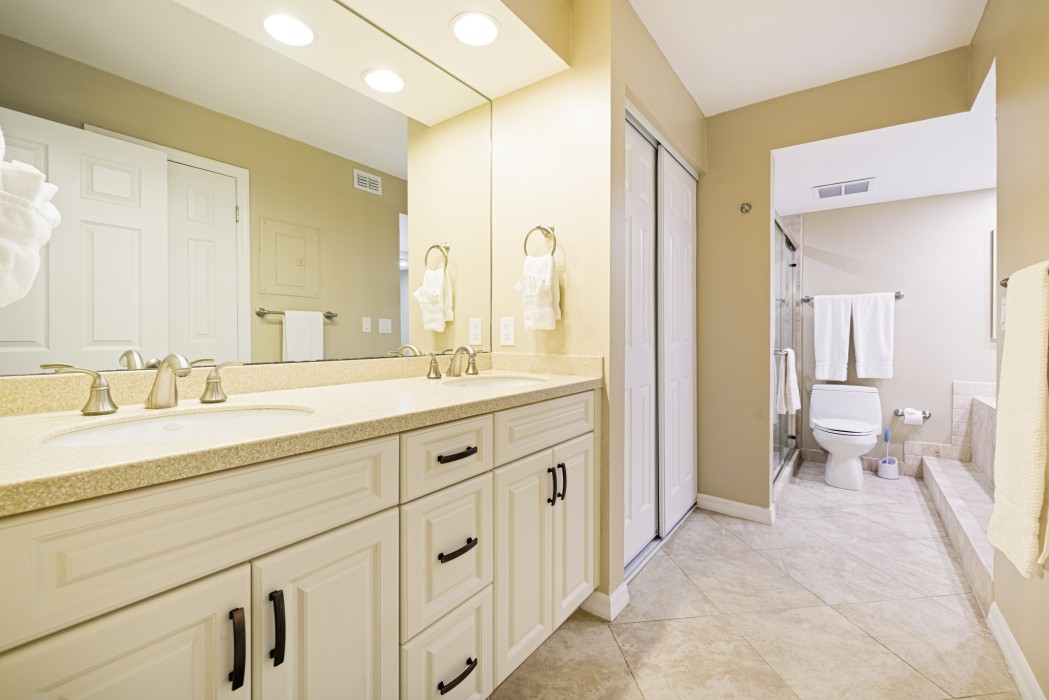 Master bathroom with double-sink vanity, closet, and walk-in shower