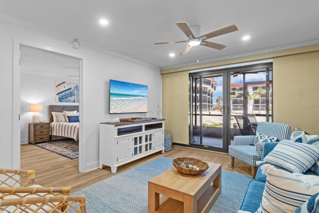 LR w/tv viewing master bedroom and patio