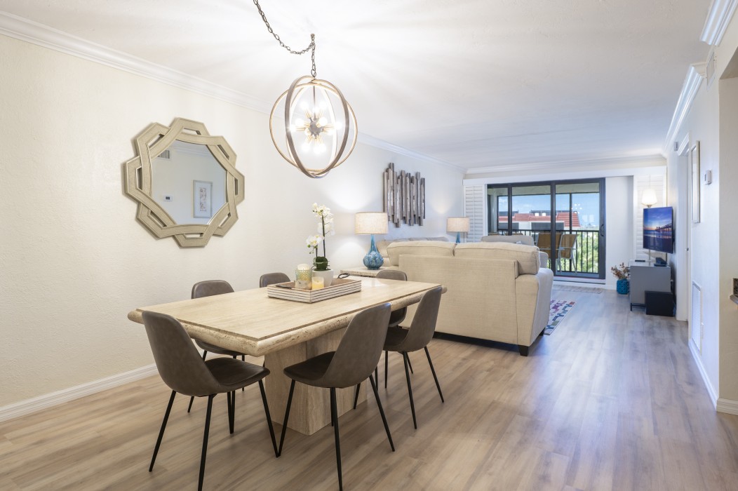 The dining area comfortably seats six.