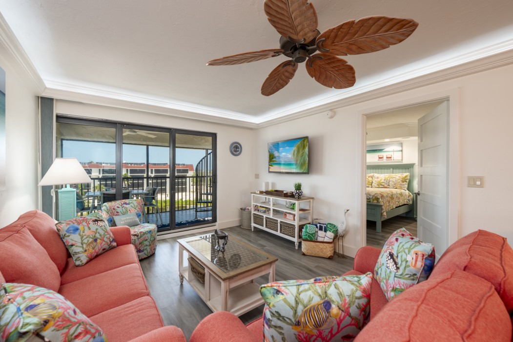 The condo is brightly lit from its western exposure