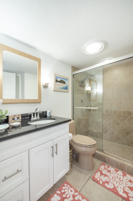 The guest bathroom has a spacious fully-tiled walk-in shower