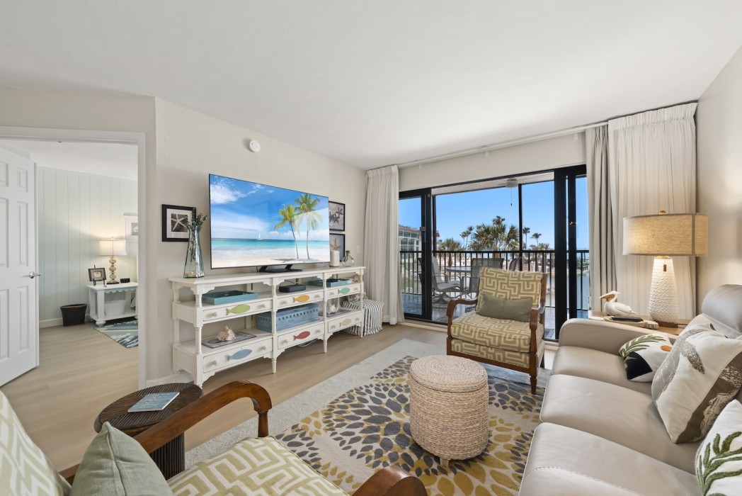 Living area with 65 inch smart tv